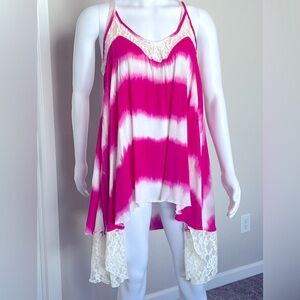 Asymmetrical Maternity Flowy Long Tie Dye Tank w/ Lace Trim